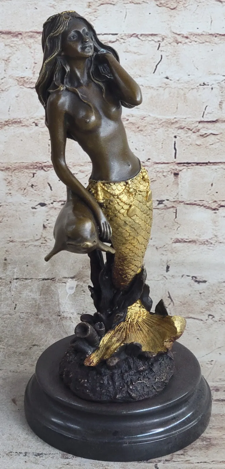 14" European Bronze Fairy Belle Mermaid Sea-maid Nude Sea-maiden Dolphin Figure