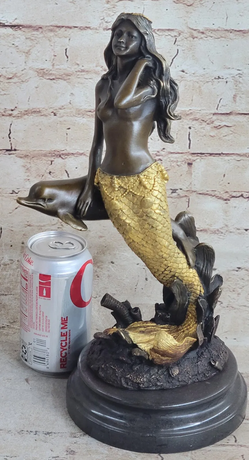 14" European Bronze Fairy Belle Mermaid Sea-maid Nude Sea-maiden Dolphin Figure