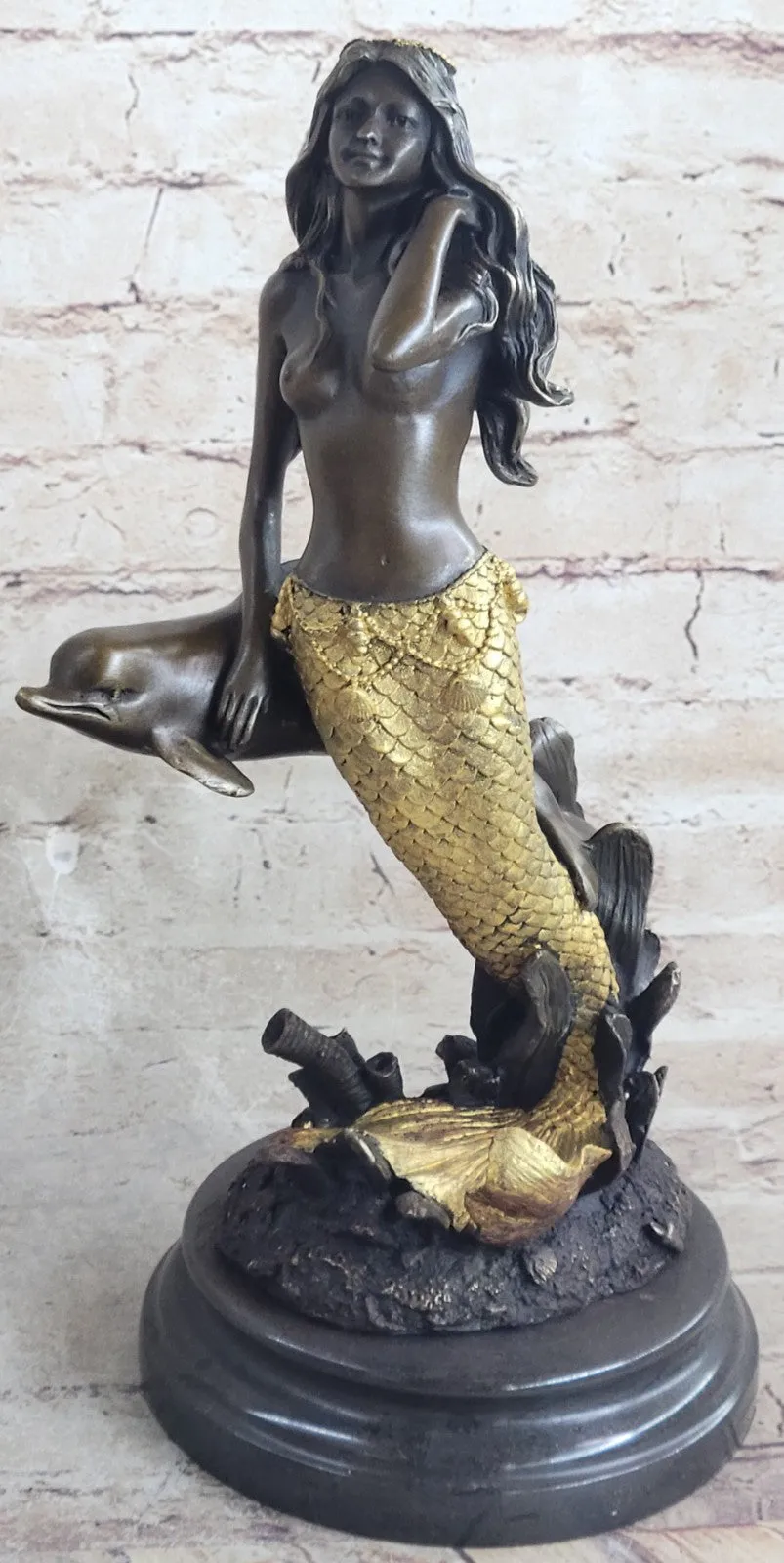 14" European Bronze Fairy Belle Mermaid Sea-maid Nude Sea-maiden Dolphin Figure