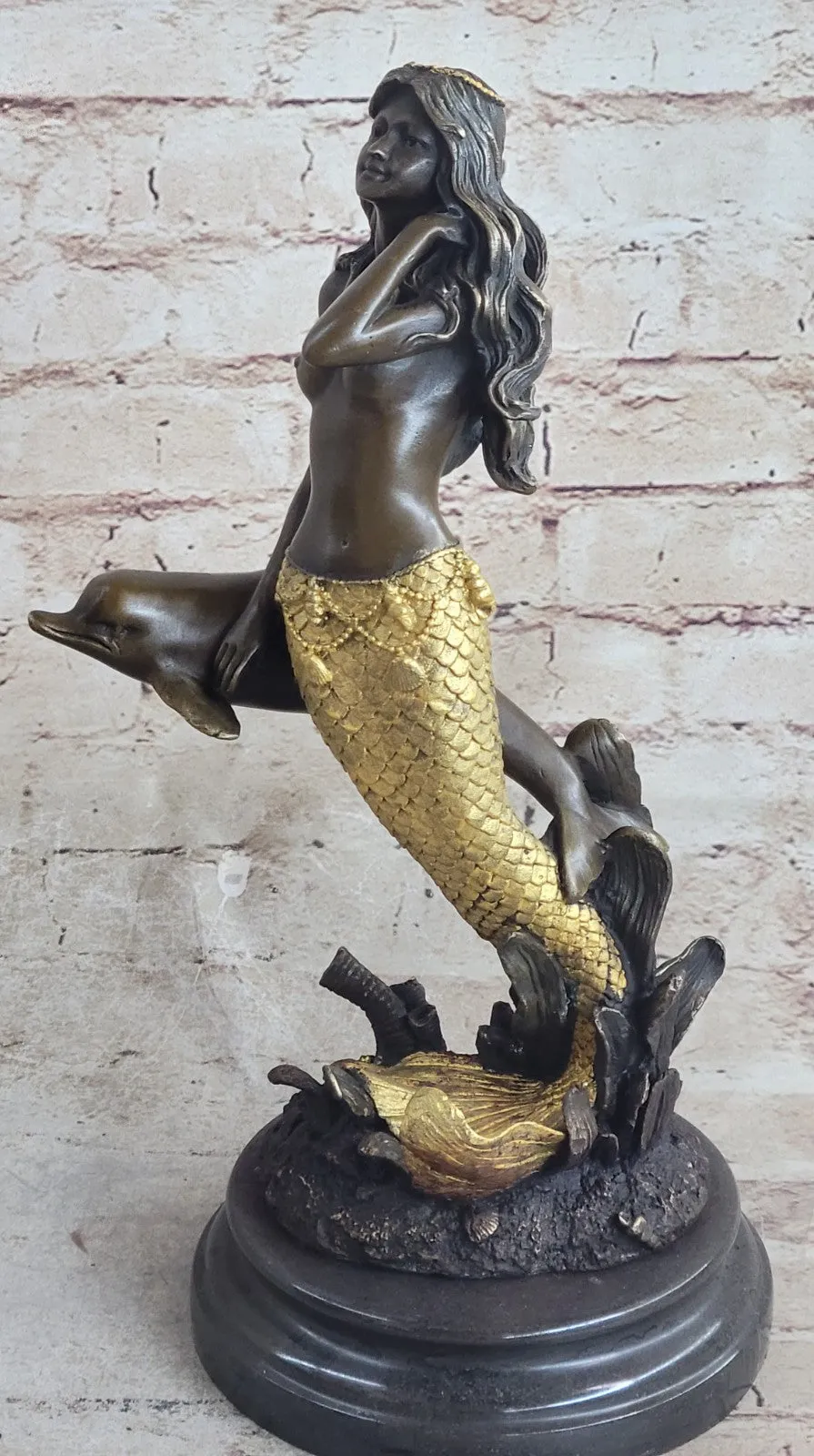 14" European Bronze Fairy Belle Mermaid Sea-maid Nude Sea-maiden Dolphin Figure