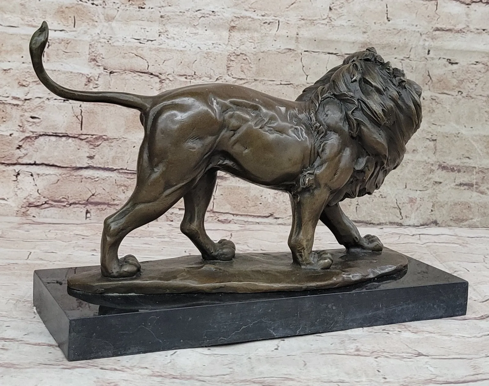 15" Art Deco Sculpture Animal Male Lion Marble Base Bronze Statue