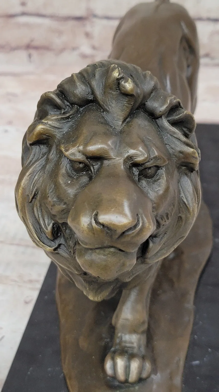 15" Art Deco Sculpture Animal Male Lion Marble Base Bronze Statue