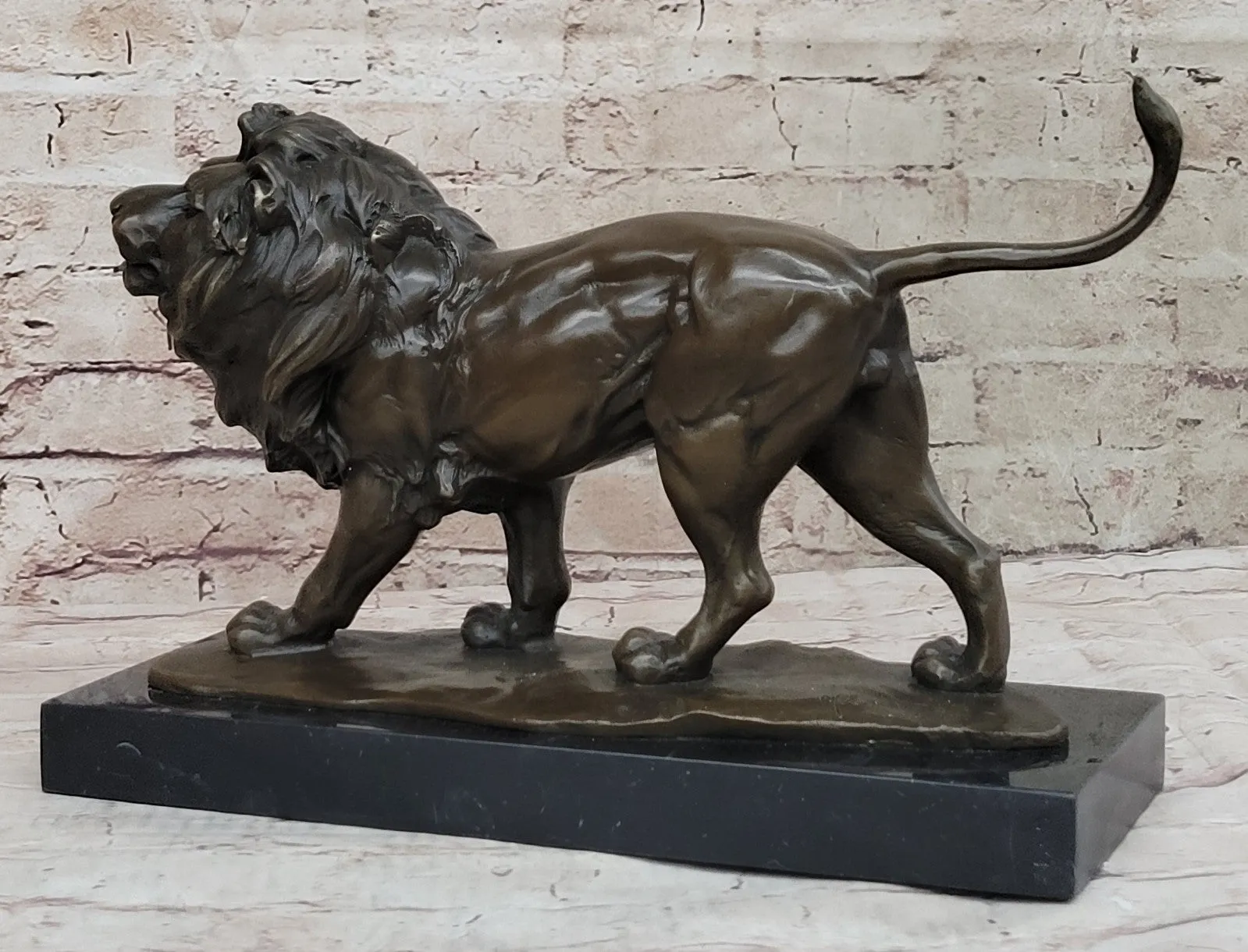 15" Art Deco Sculpture Animal Male Lion Marble Base Bronze Statue