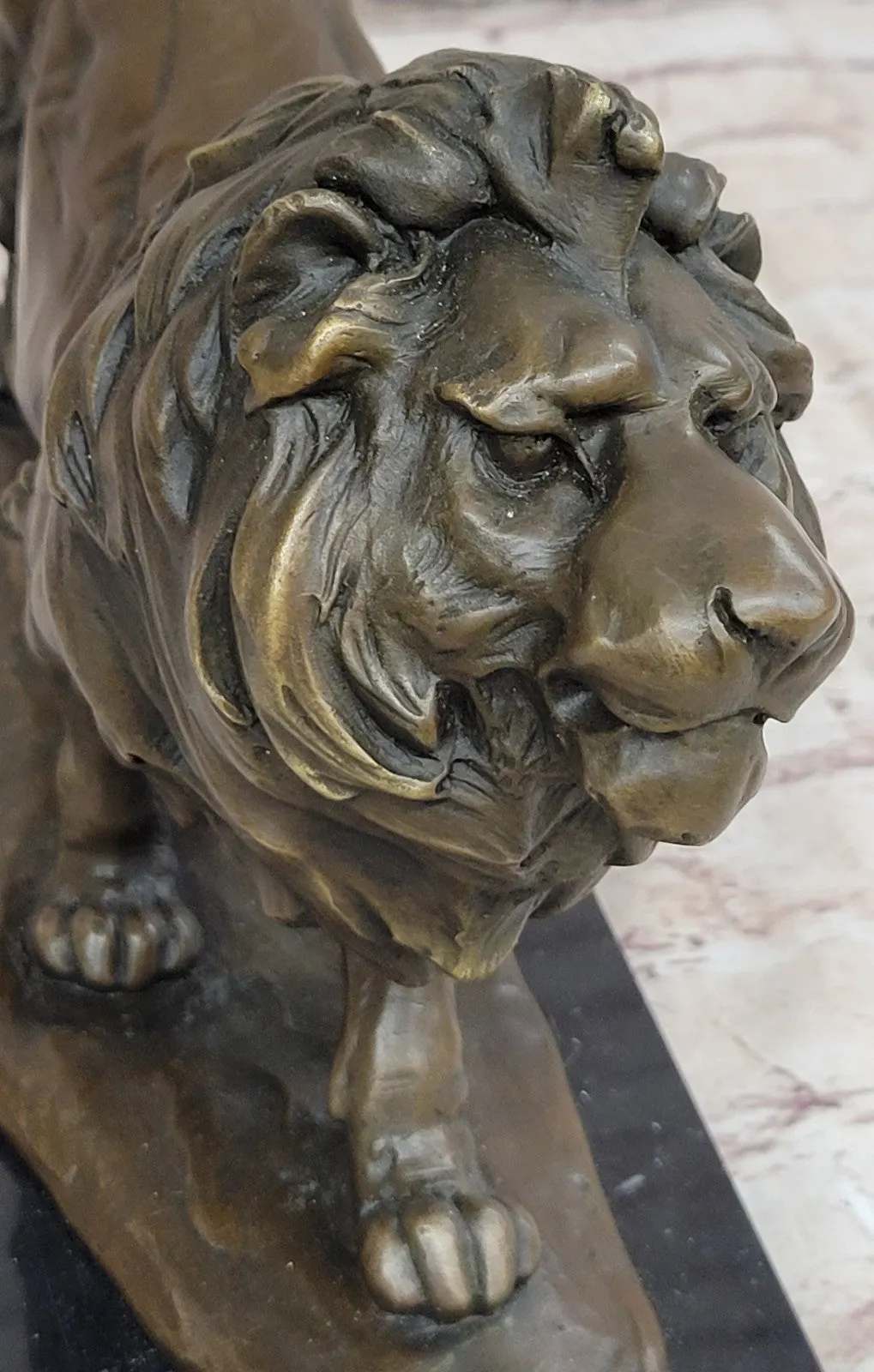 15" Art Deco Sculpture Animal Male Lion Marble Base Bronze Statue