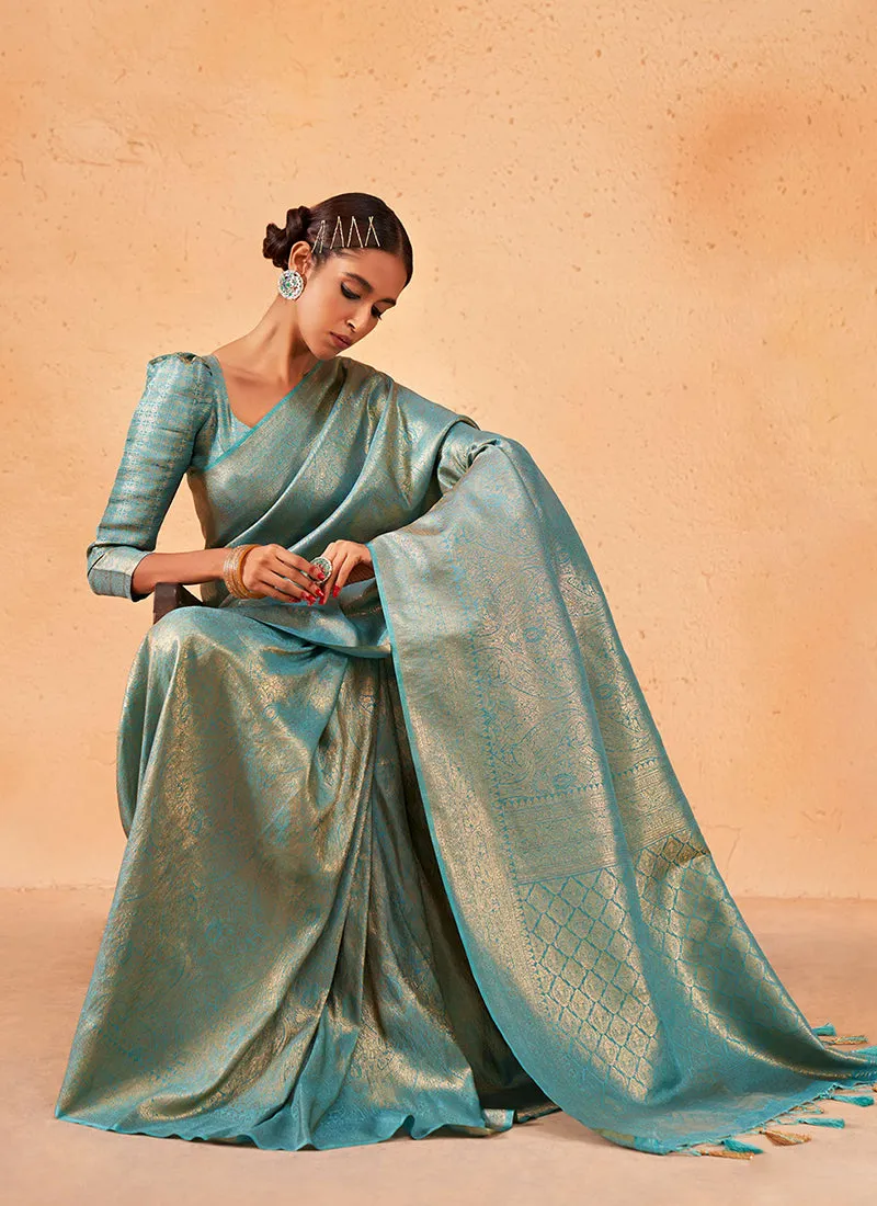 Aqua Blue Brocade Detailed Kanjivaram Silk Saree