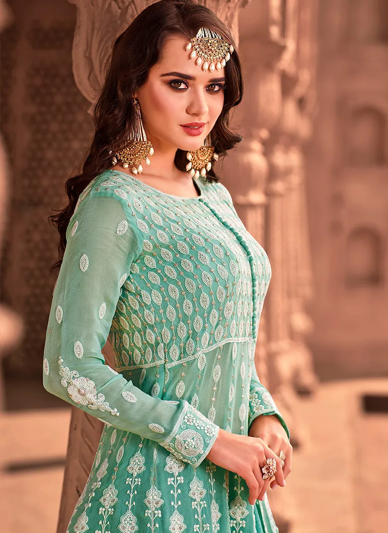 Aqua Blue Lucknowi Embroidered Anarkali Lehenga Suit