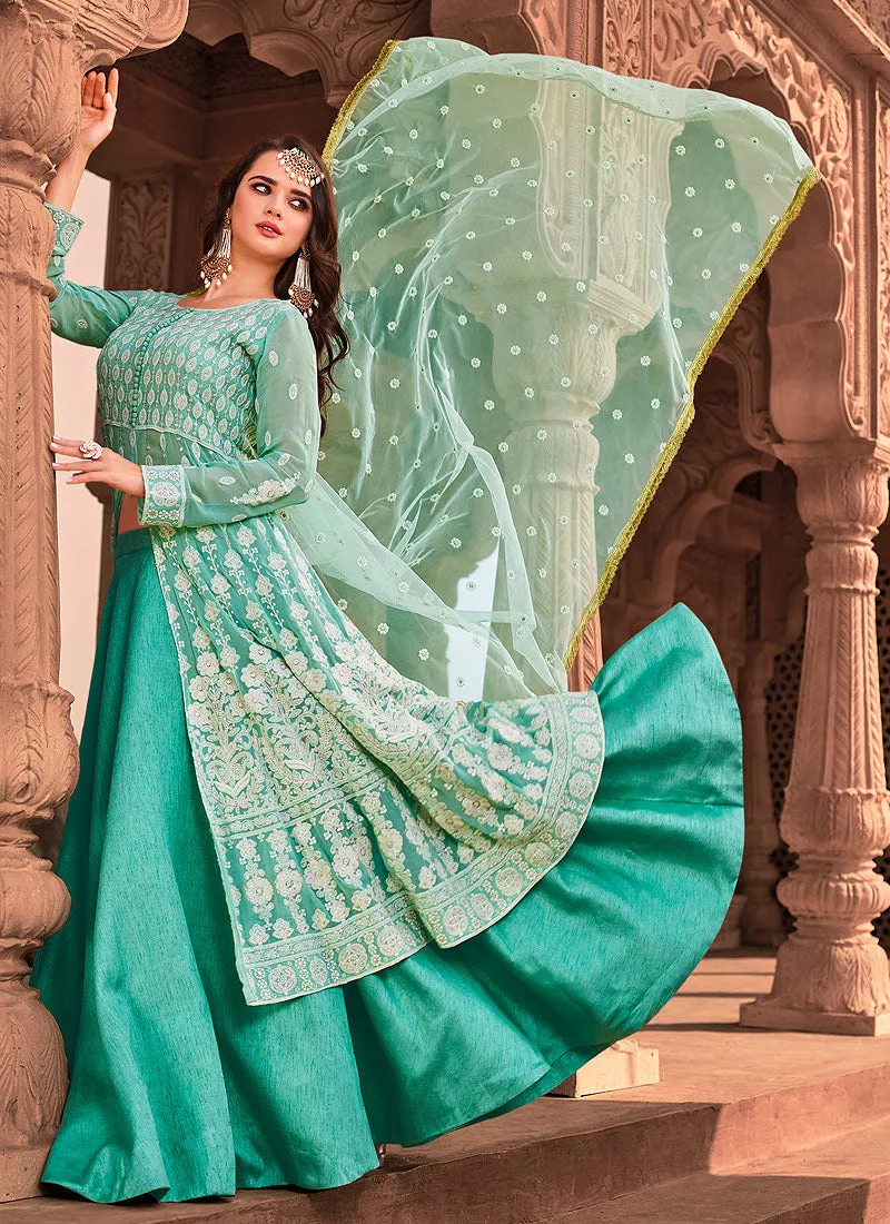 Aqua Blue Lucknowi Embroidered Anarkali Lehenga Suit