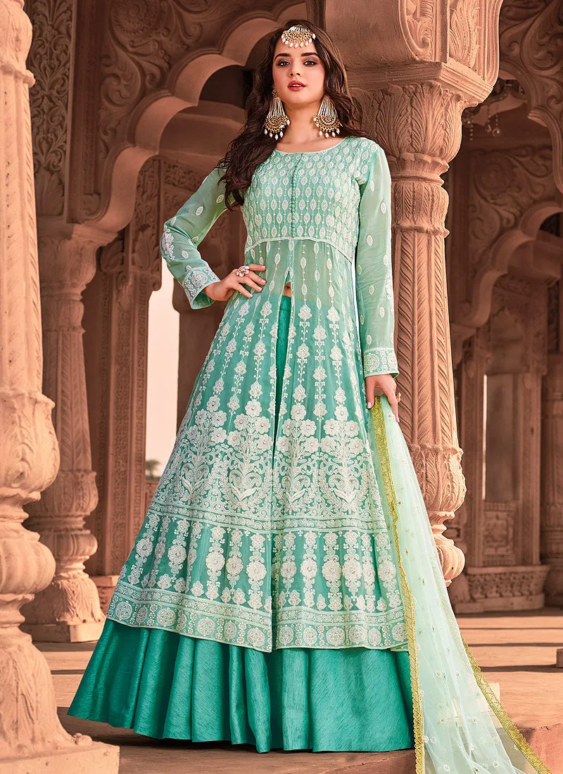 Aqua Blue Lucknowi Embroidered Anarkali Lehenga Suit