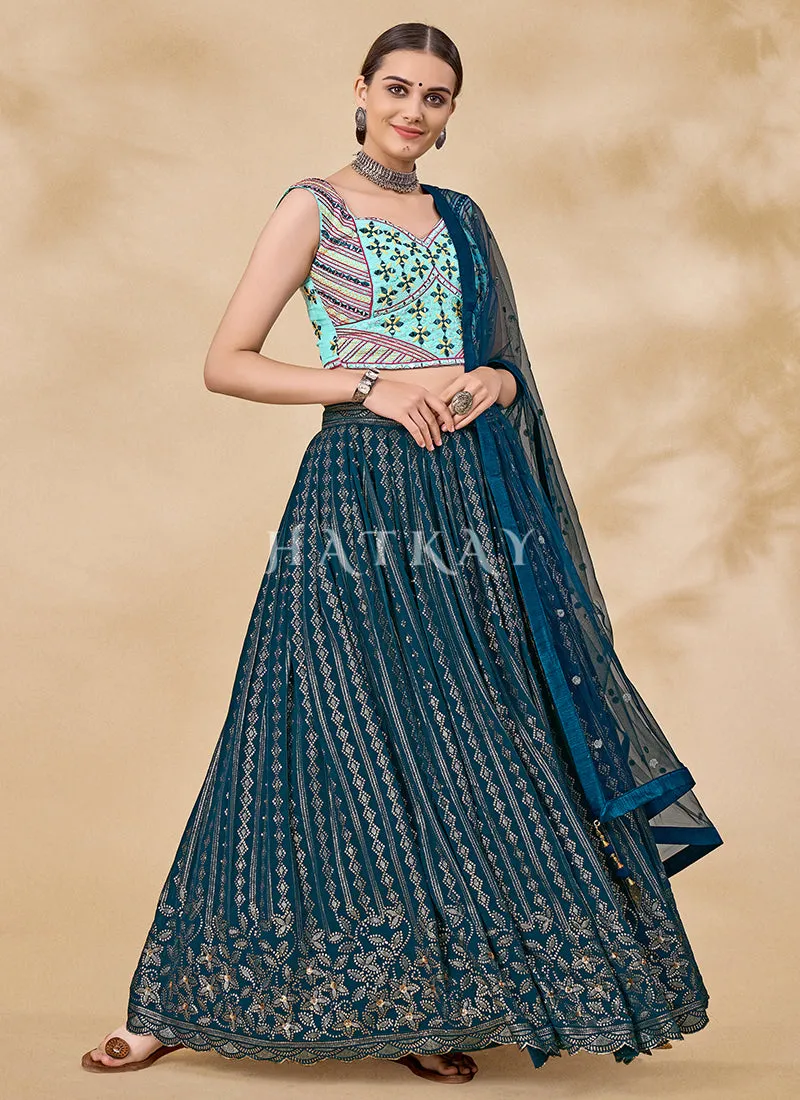 Aqua Blue Mirror And Sequence Embroidered Lehenga Choli