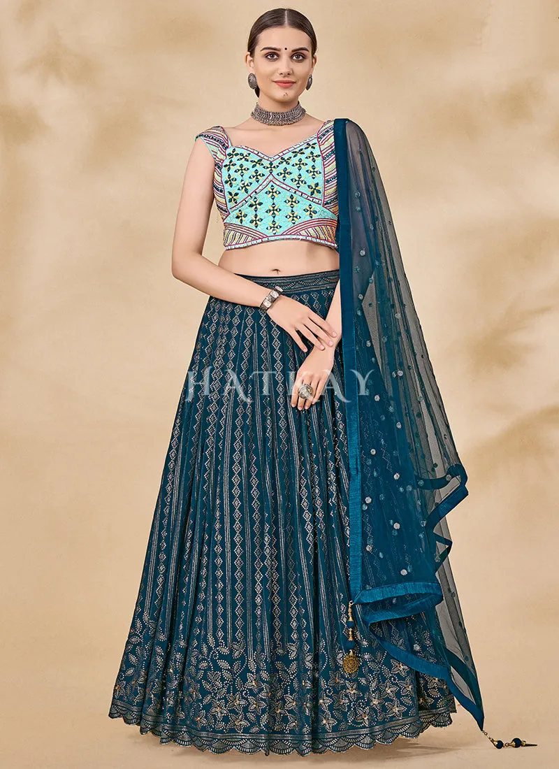 Aqua Blue Mirror And Sequence Embroidered Lehenga Choli