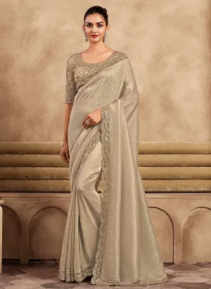 Beige Golden Sequence Wedding Silk Saree