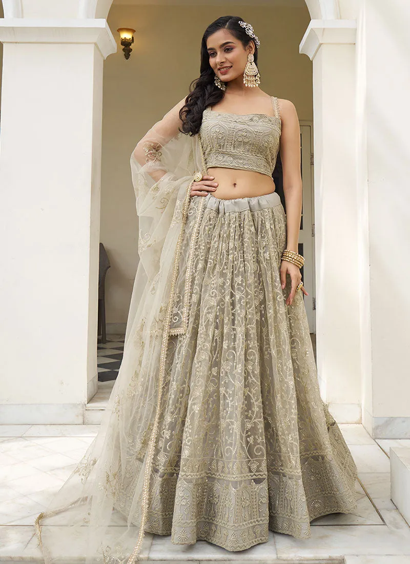 Beige Golden Thread Embroidery Wedding Lehenga Choli And Dupatta