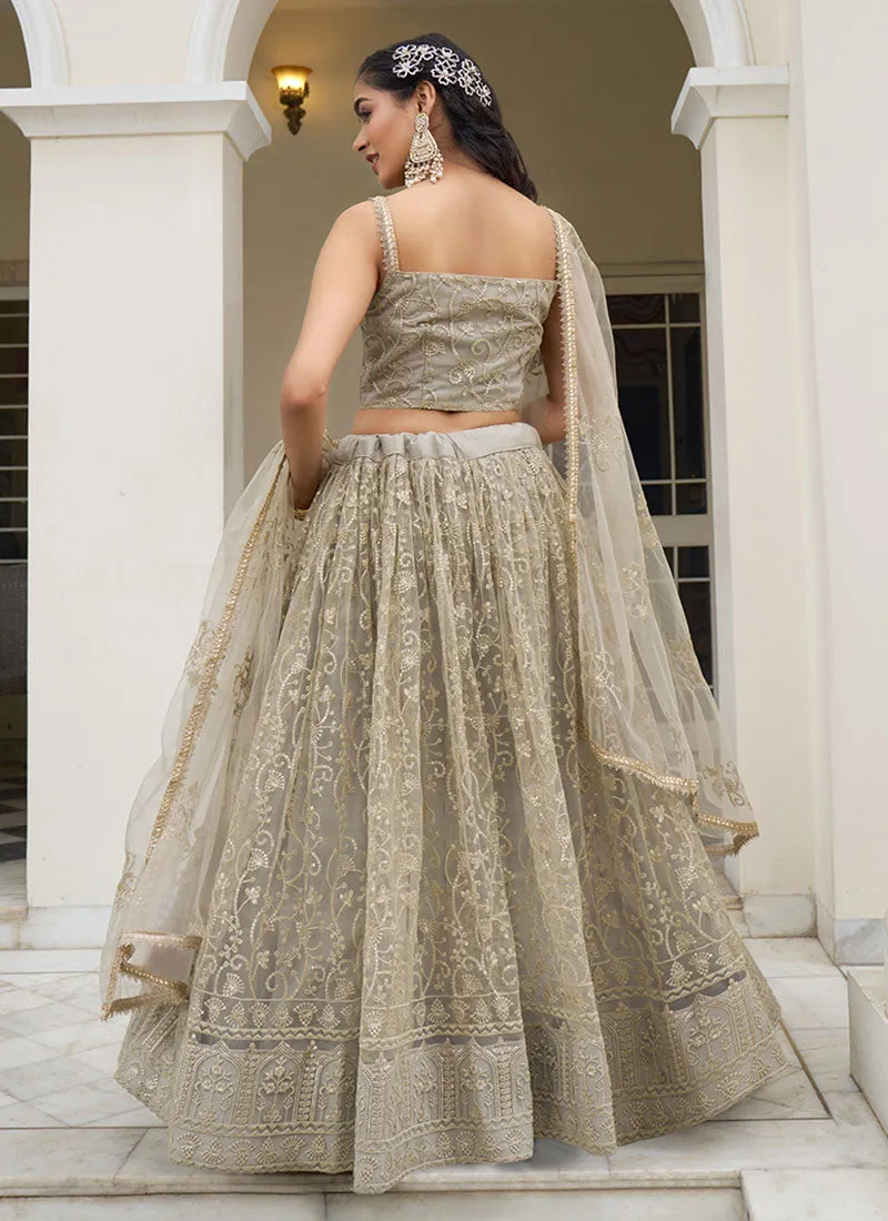 Beige Golden Thread Embroidery Wedding Lehenga Choli And Dupatta