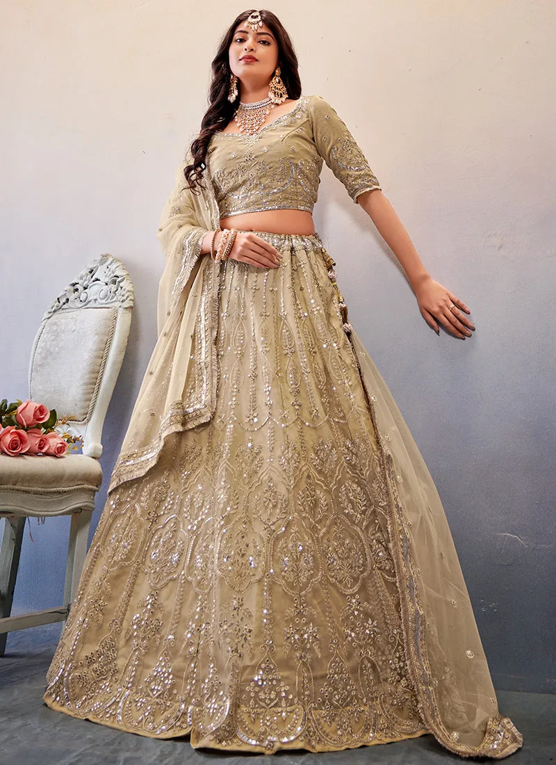 Beige Mirror Work Embroidery Wedding Lehenga Choli