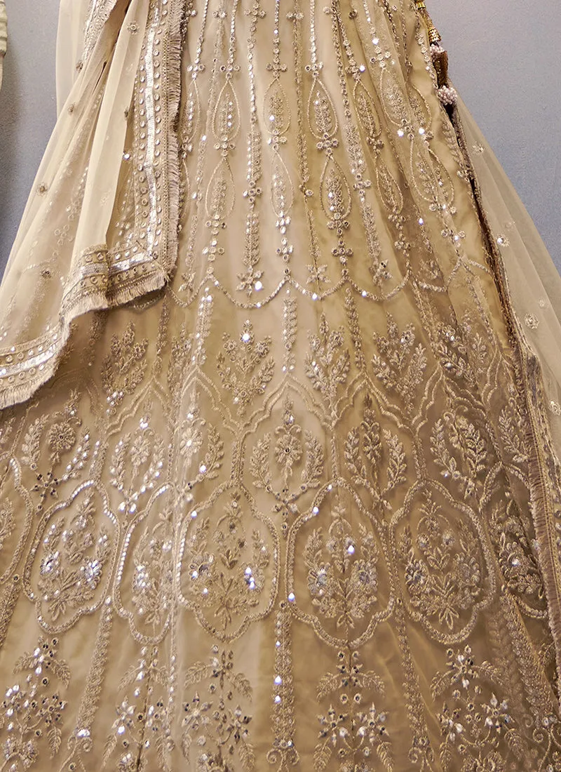 Beige Mirror Work Embroidery Wedding Lehenga Choli