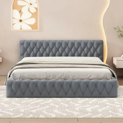 Bellemave® Queen Size Velvet Upholstered Platform Bed, with Luxurious Diamond Grid Headboard