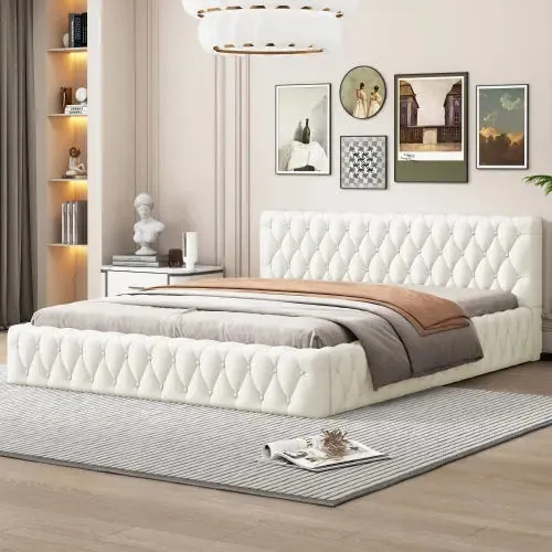 Bellemave® Queen Size Velvet Upholstered Platform Bed, with Luxurious Diamond Grid Headboard