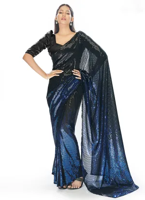 Black And Blue Sequence Embroidery Georgette Saree