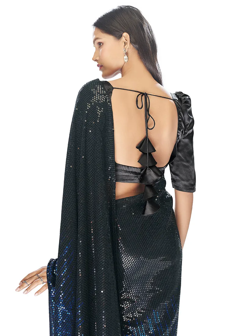 Black And Blue Sequence Embroidery Georgette Saree