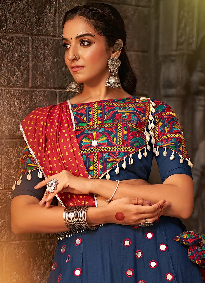 Blue And Red Kutchi Embroidered Rajwadi Chaniya Choli