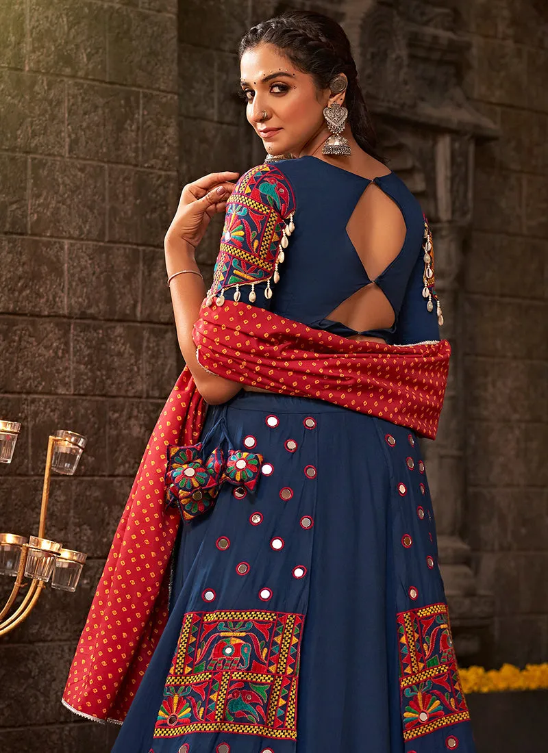 Blue And Red Kutchi Embroidered Rajwadi Chaniya Choli