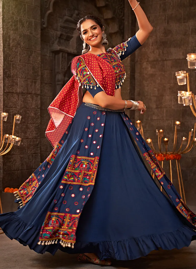 Blue And Red Kutchi Embroidered Rajwadi Chaniya Choli