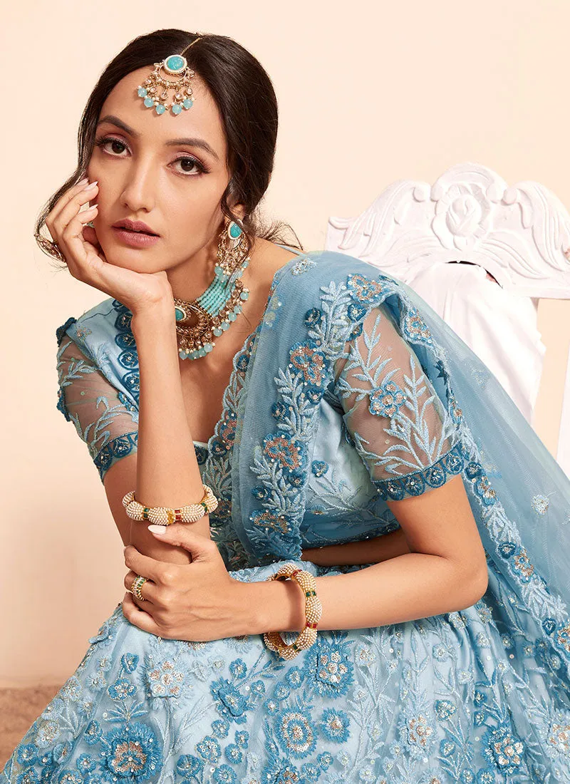 Blue Ombré Thread And Sequence Embroidery Lehenga Choli With Dupatta