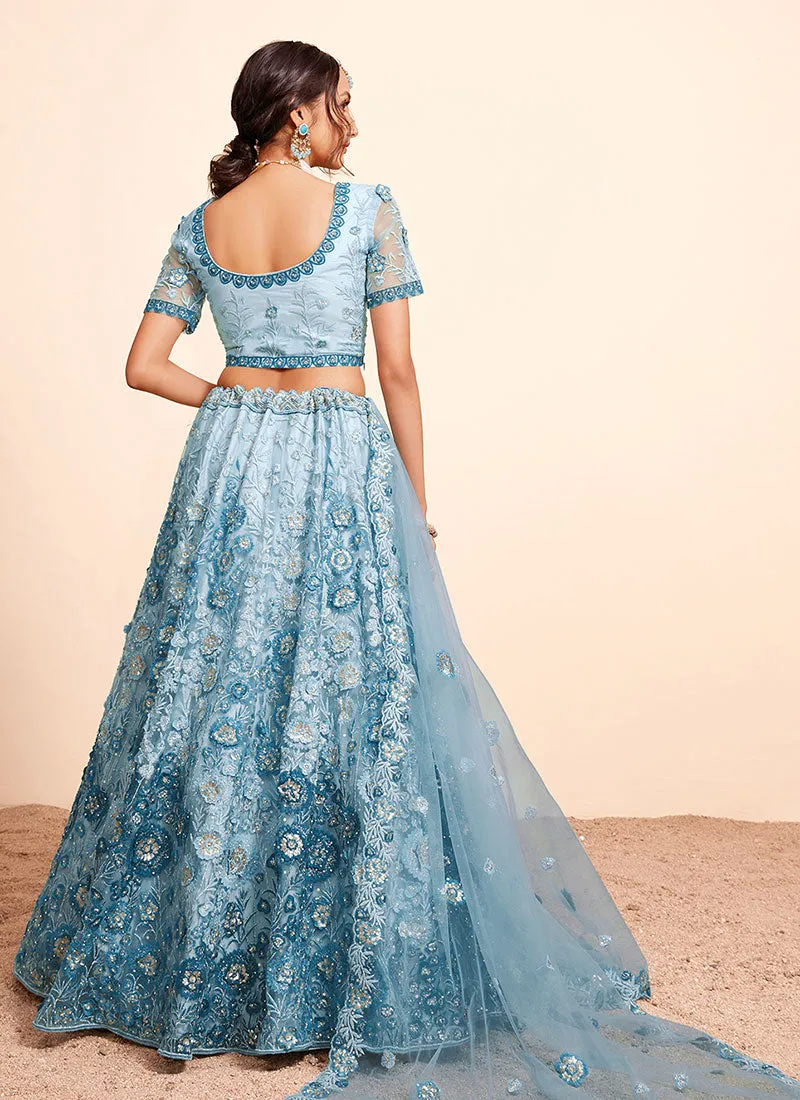 Blue Ombré Thread And Sequence Embroidery Lehenga Choli With Dupatta