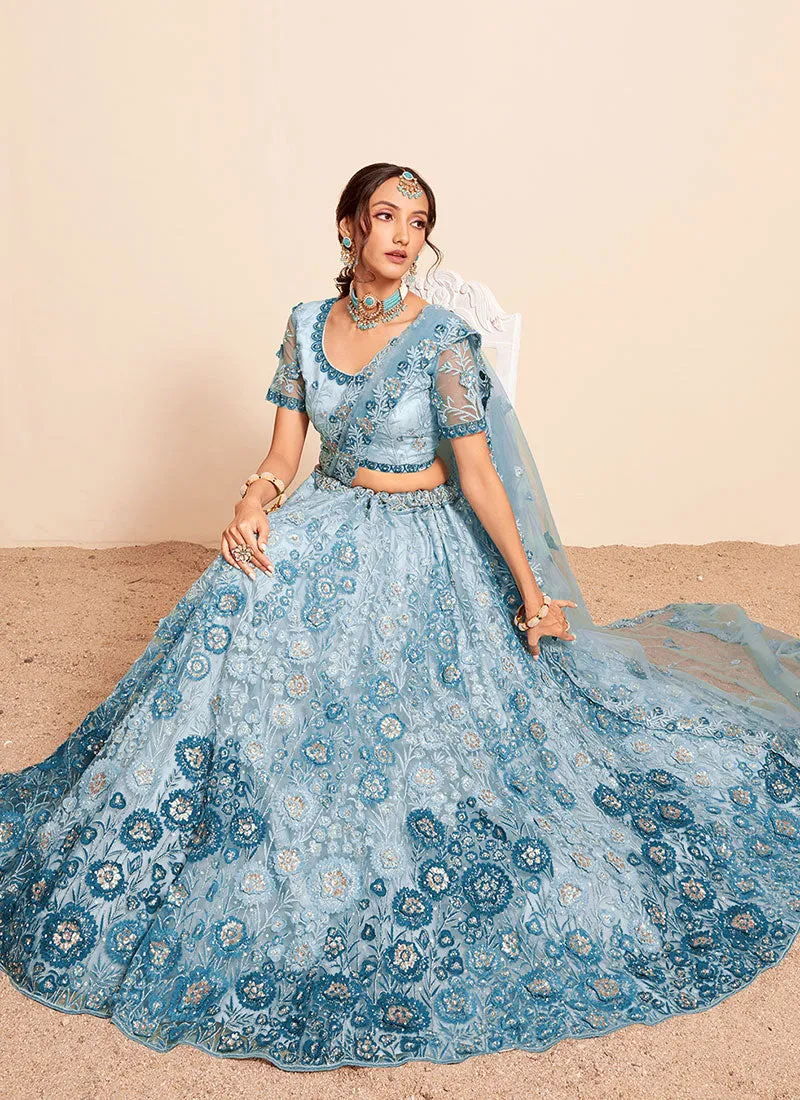 Blue Ombré Thread And Sequence Embroidery Lehenga Choli With Dupatta