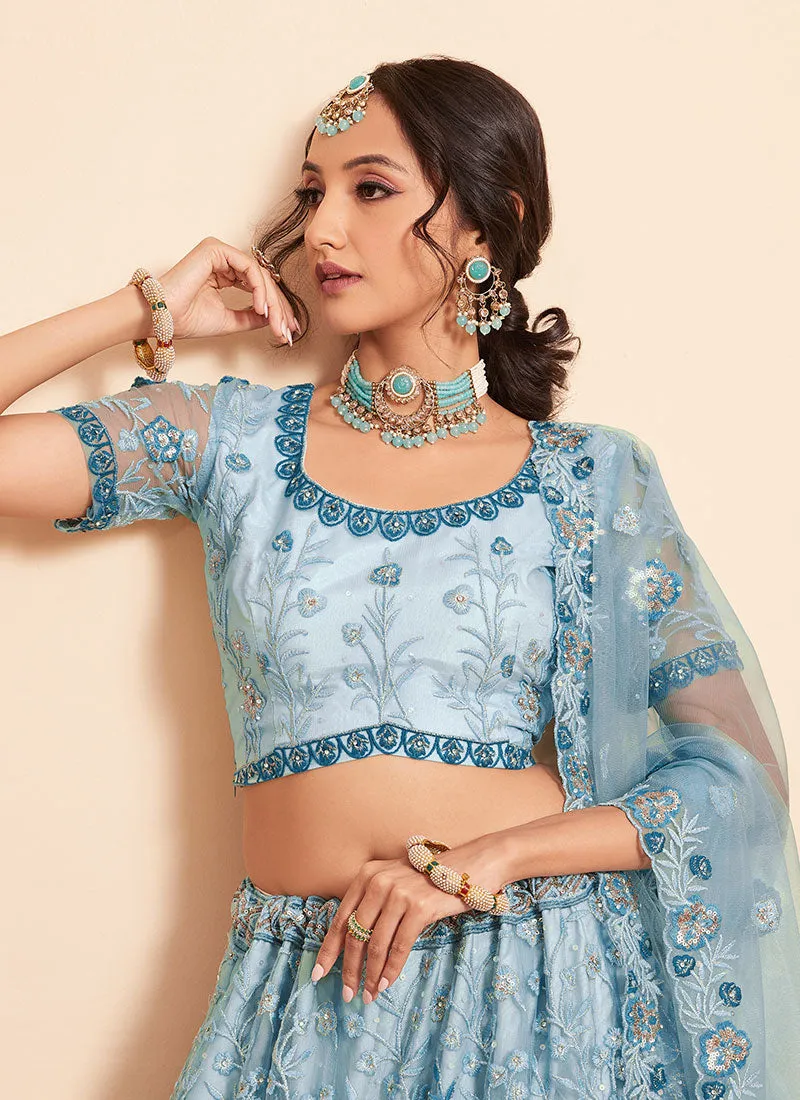 Blue Ombré Thread And Sequence Embroidery Lehenga Choli With Dupatta