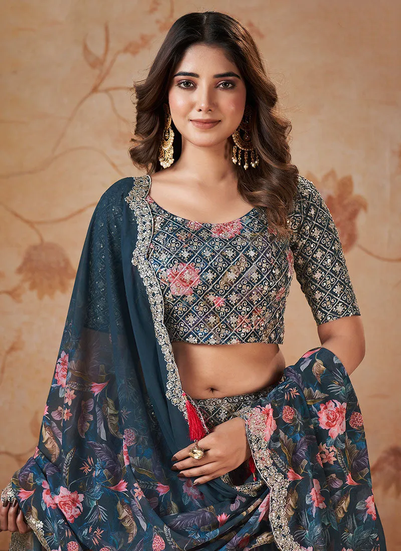 Blue Sequence Embroidery Georgette Lehenga Choli