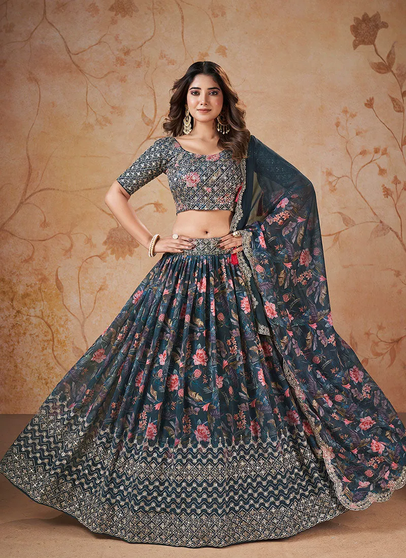 Blue Sequence Embroidery Georgette Lehenga Choli