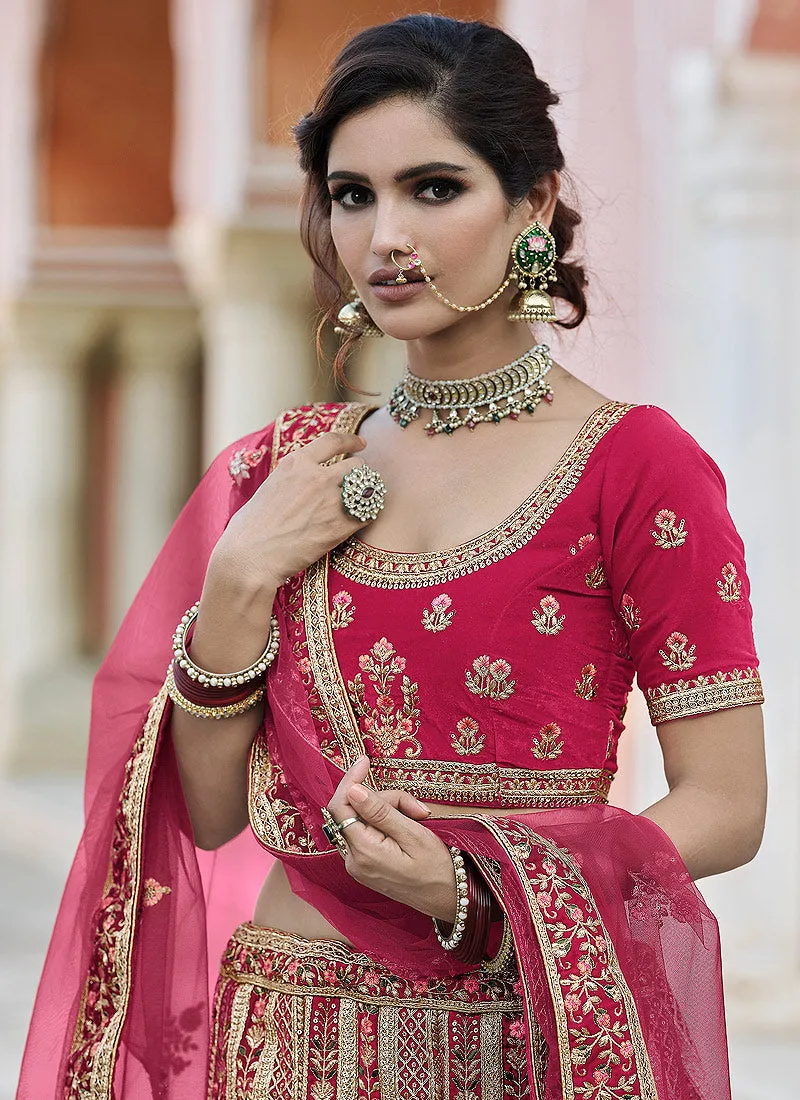 Bright Pink Embroidered Velvet Wedding Lehenga Choli