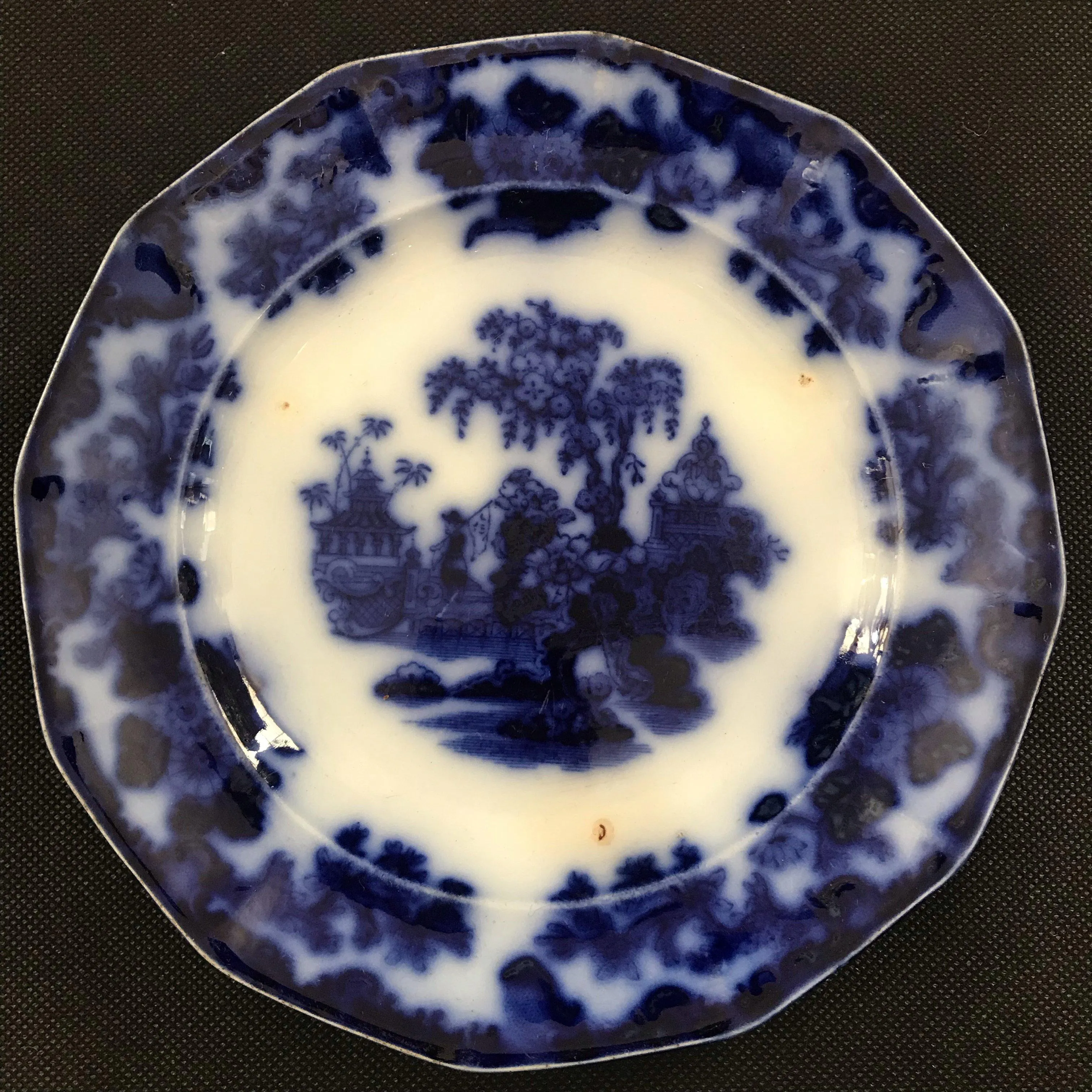 British Antique Ironstone Blue and White Early Plate: Scinde Pattern Oriental Stoneware