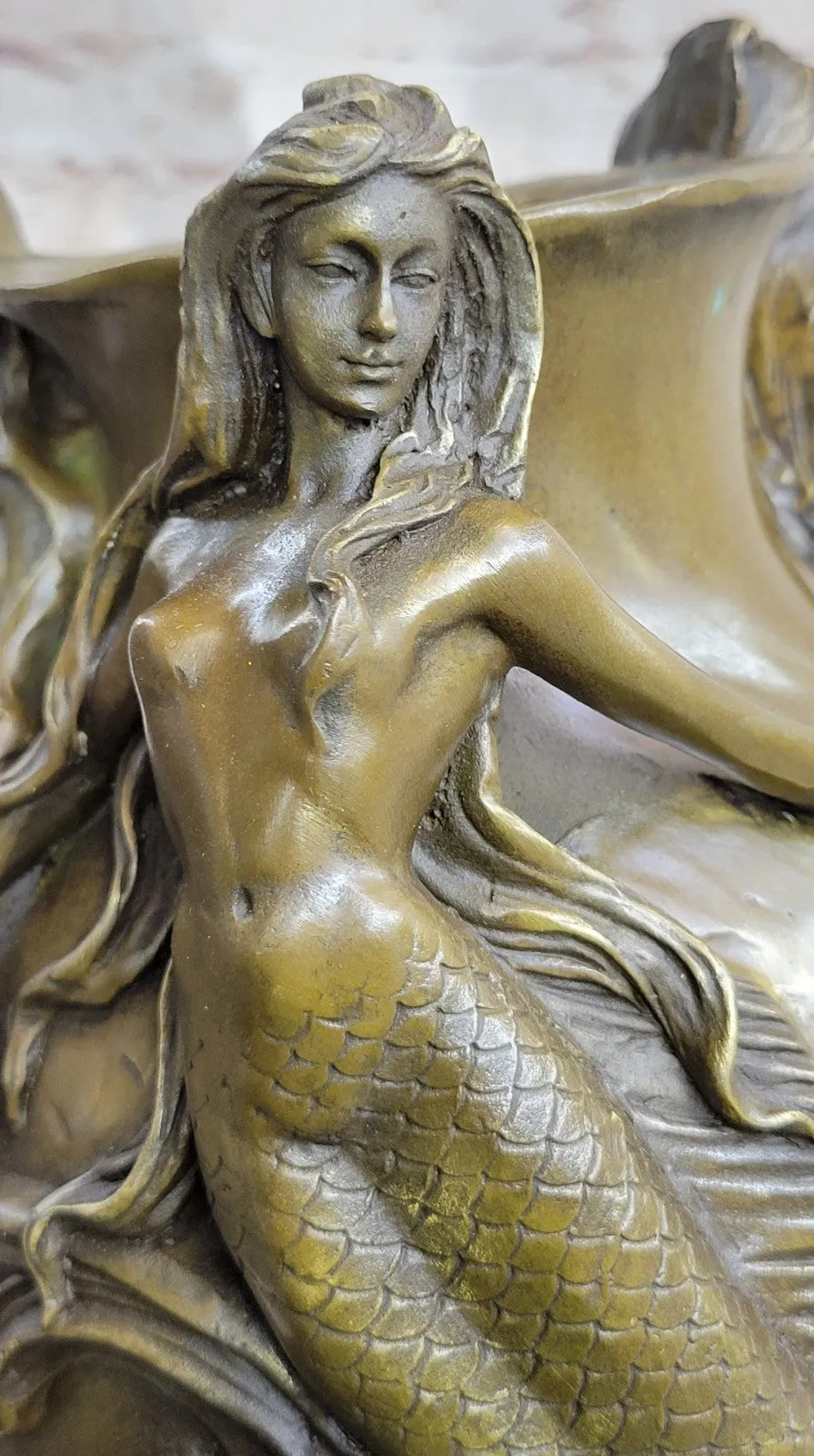 Bronze Sculpture Handcrafted Mermaid Vase Planter Home Office Decoration