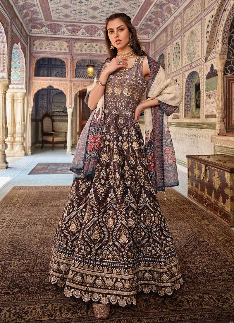 Brown Stone Work Embroidery Ajrakh Printed Anarkali Gown