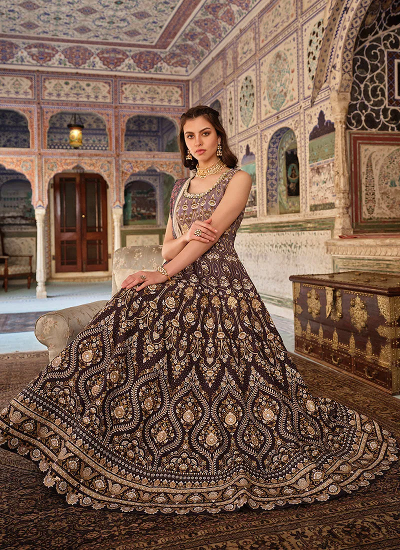 Brown Stone Work Embroidery Ajrakh Printed Anarkali Gown