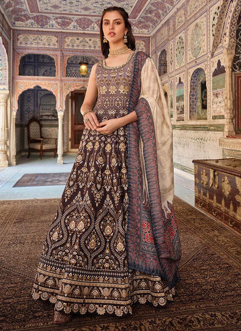 Brown Stone Work Embroidery Ajrakh Printed Anarkali Gown