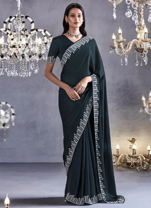 Charcoal Grey Stone Work Embroidery Wedding Saree