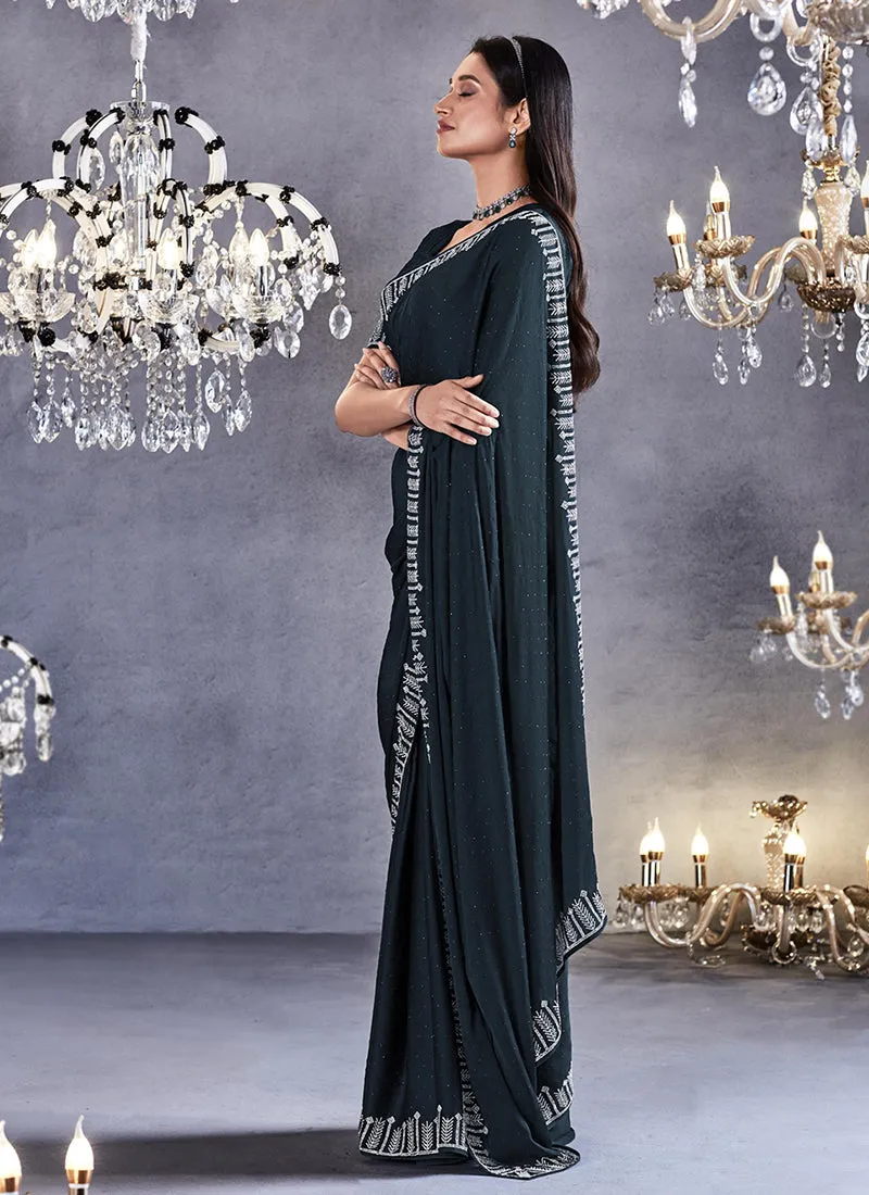 Charcoal Grey Stone Work Embroidery Wedding Saree