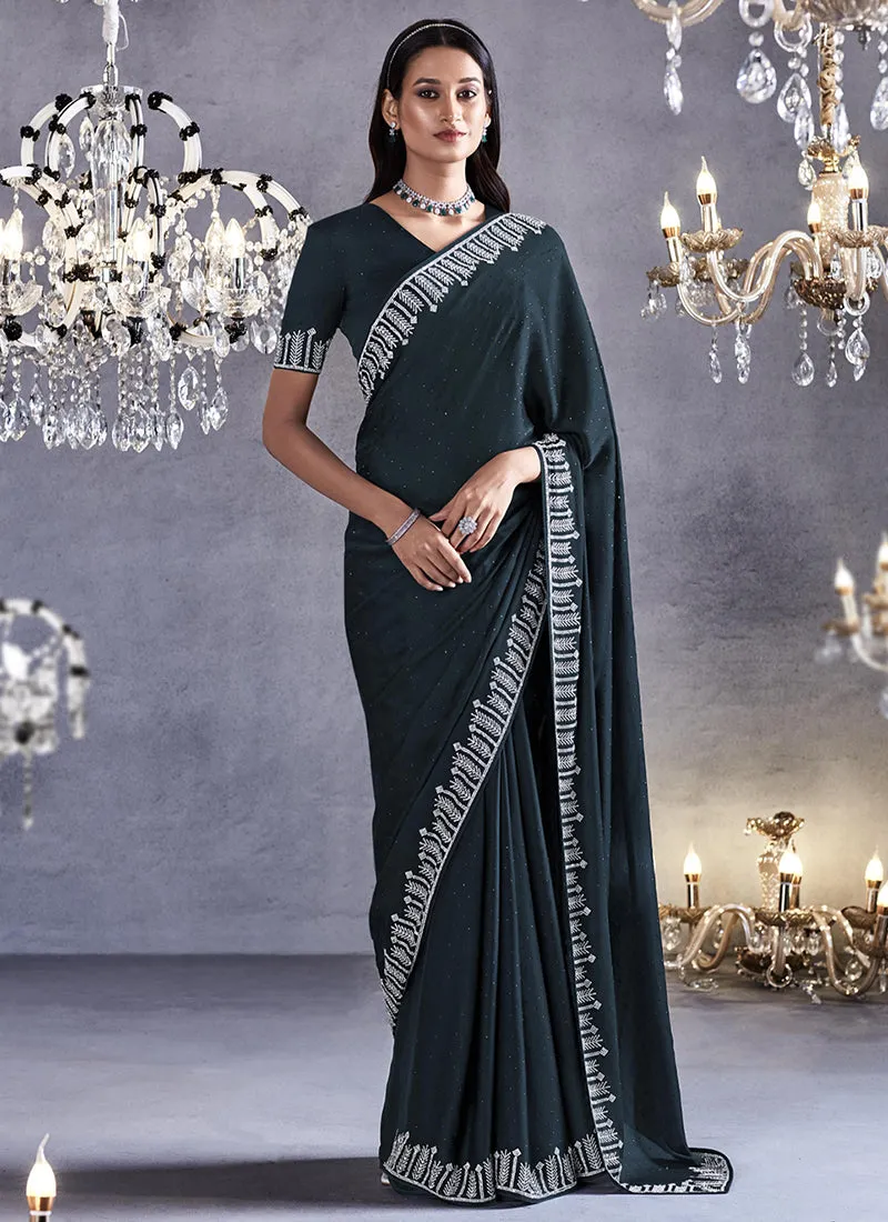 Charcoal Grey Stone Work Embroidery Wedding Saree