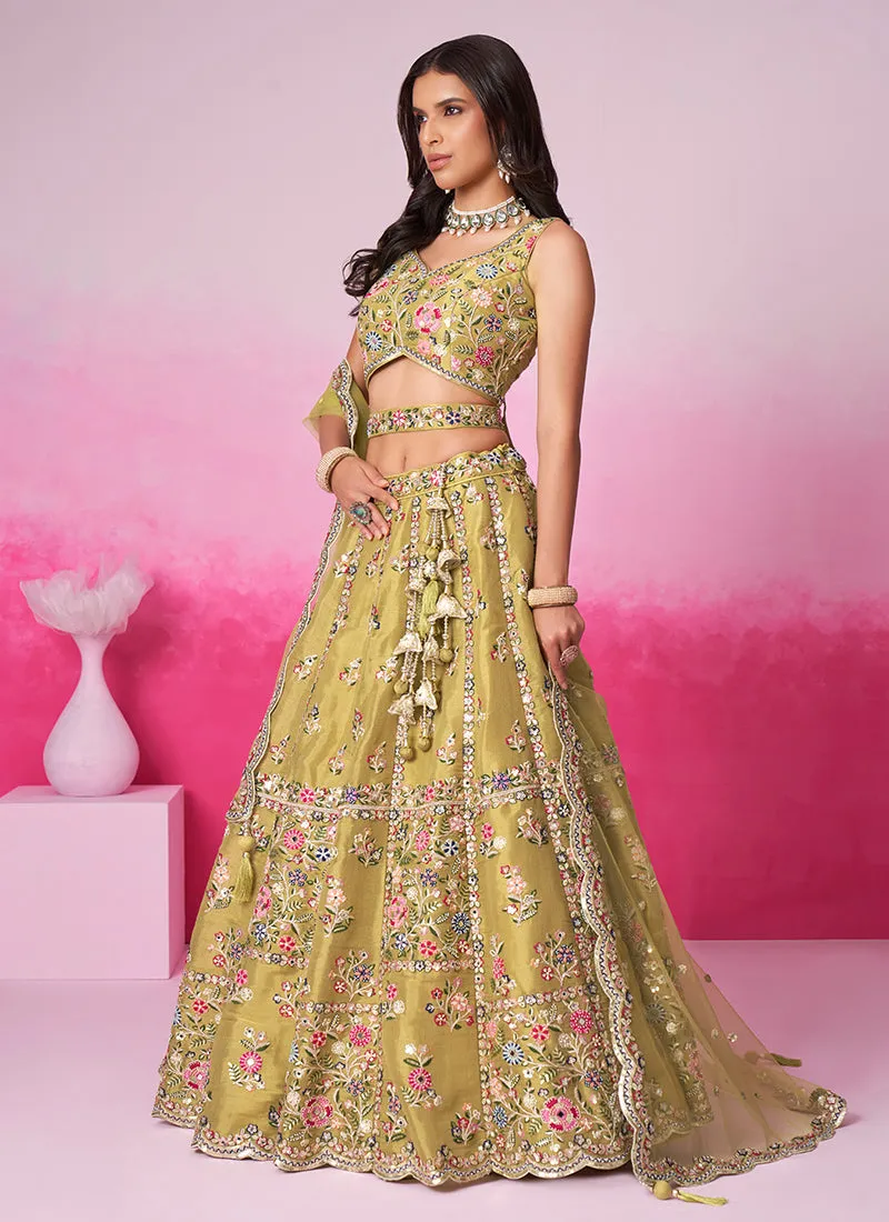 Citrine Yellow Multi Embroidery Wedding Lehenga Choli