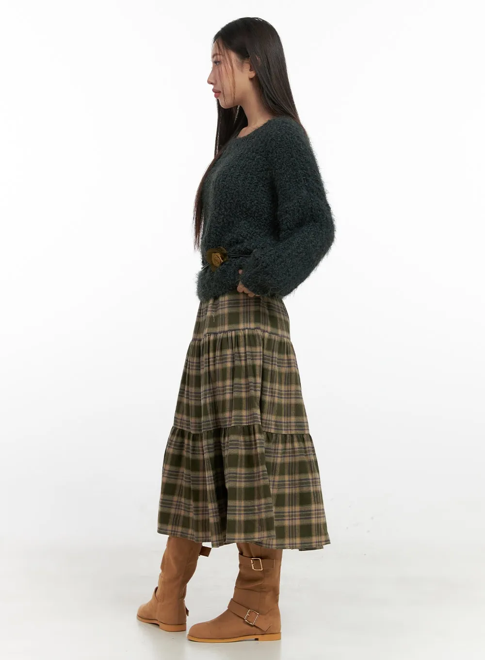 Cotton Check Print Maxi Skirt IN415