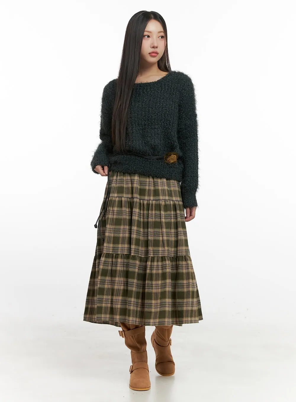 Cotton Check Print Maxi Skirt IN415