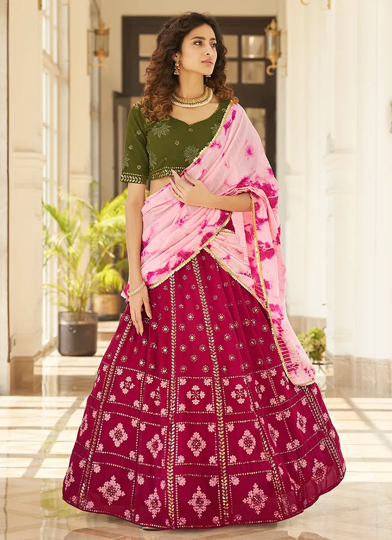 Crimson And Green Multi Embroidery Lehenga Choli