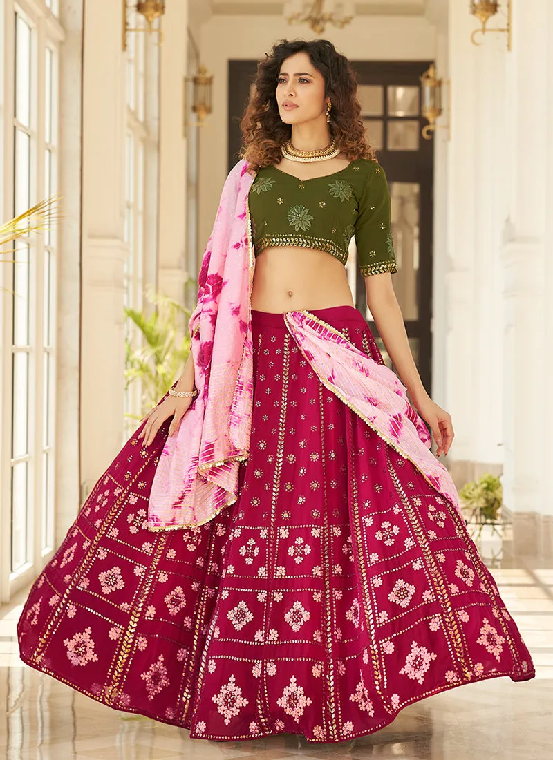 Crimson And Green Multi Embroidery Lehenga Choli