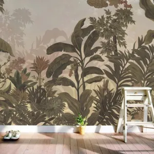 Custom Wallpaper Mural Retro Rainforest Plants Leaves (㎡)