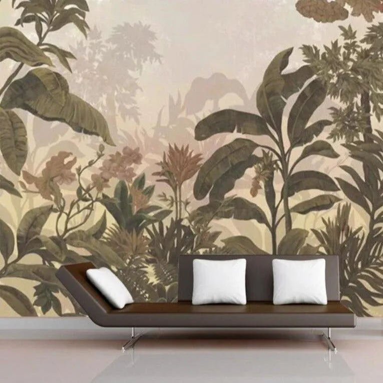 Custom Wallpaper Mural Retro Rainforest Plants Leaves (㎡)