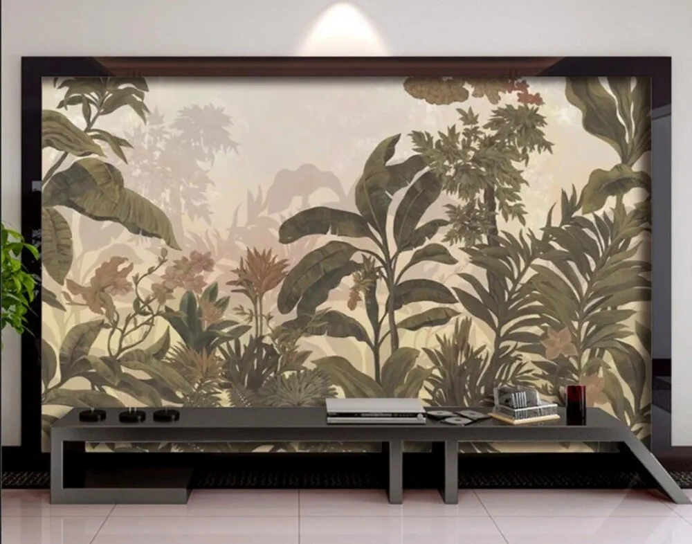 Custom Wallpaper Mural Retro Rainforest Plants Leaves (㎡)