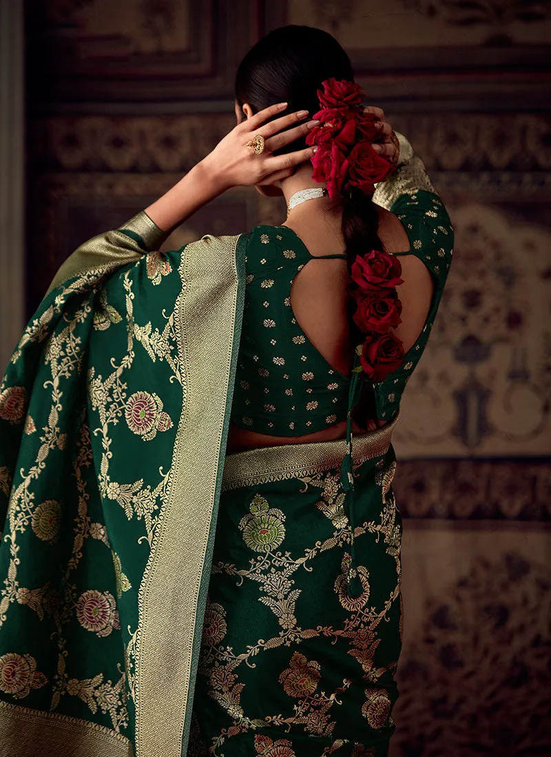 Dark Green Zari Weaved Banarasi Crape Georgette Saree